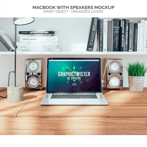 Macbook with speakers mock up Free Psd. See more inspiration related to Mockup, Template, Laptop, Web, 3d, Website, Mock up, Templates, Website template, Macbook, Speakers, Up, Web template, Realistic, Real, Web templates and Mock on Freepik.