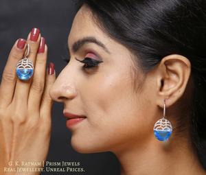 14k Gold and Diamond Bali / Hoop Earring with aquamarine blue cut stone - gold diamond polki kundan meena jadau jewellery
