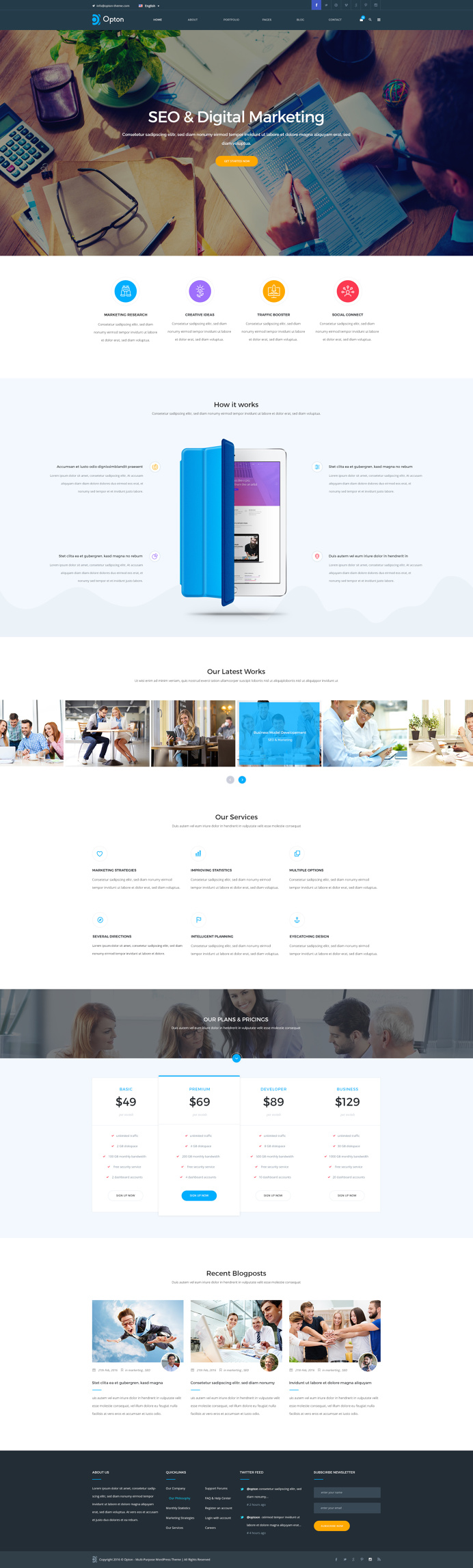 Opton – Multi-Purpose template offers more than 100 different pages and shortcodes to build a creative website for any purpose.