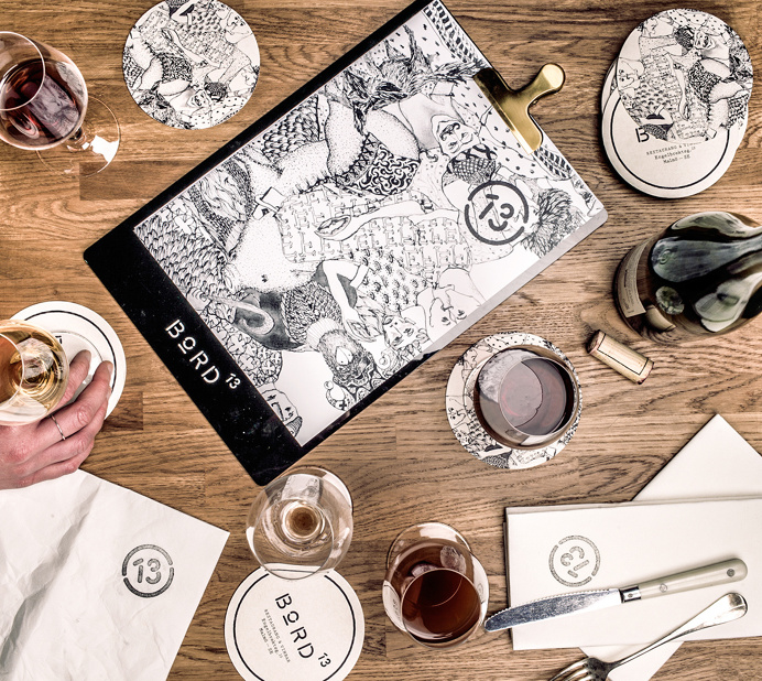 Bord 13 restaurant wine bar malmoe sweden branding interior design corporate mindsparkle mag designblog print printing paper emboss stamp bl