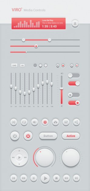 White media controls user interface kit Free Psd. See more inspiration related to White, Ui, User, Media, Psd, Interface, Ui kit, Soft, User interface, Kit, Knob, Vertical and Controls on Freepik.