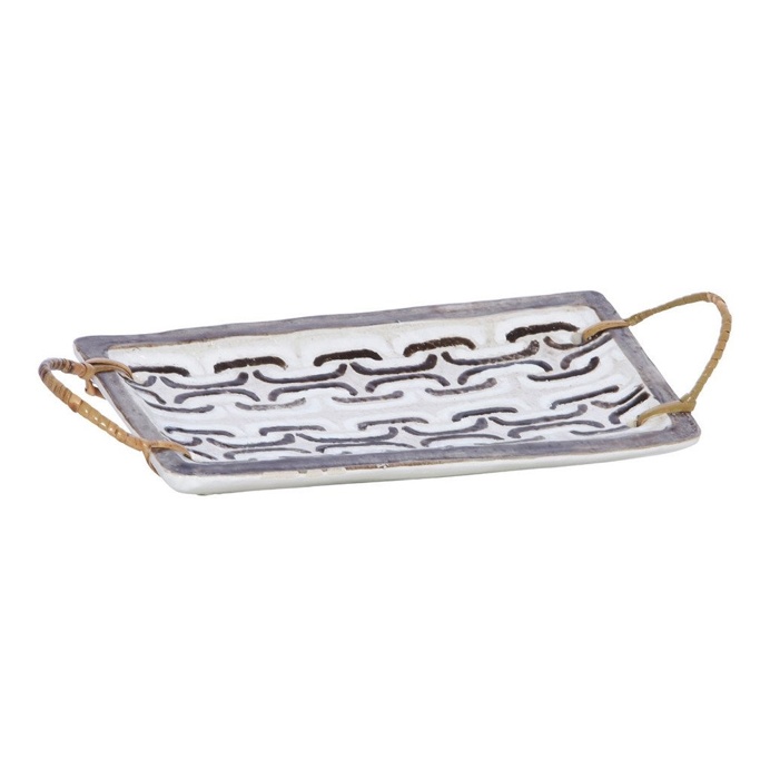 Chocolate & White Geometric Terracotta Tray w Rattan Handles