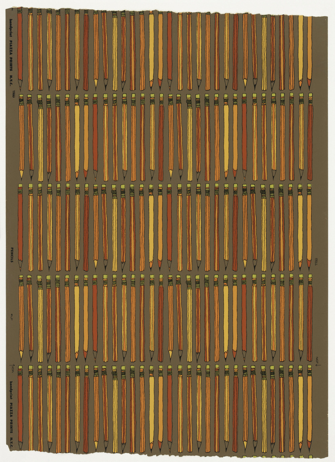 On brown ground, regular horizontal rows of vertically oriented pencils, outlined in black, colored bright red, orange, yellow and chartreus #pattern #color #illustration #pencils #wallpaper