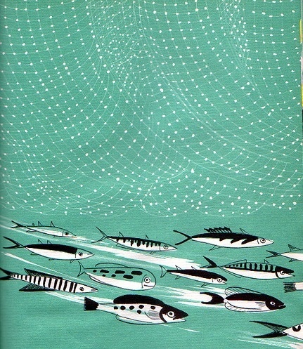 ein-bleistift-und-radiergummi: Dalov Ipcar Book Illustration 'Deep Sea Farm' 1961 #shoal #fish #retro #book #design #illustration #sea #vintage #art #swim #blue