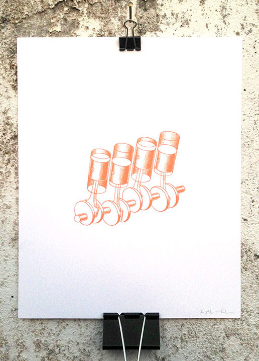 Pistons - 8 x 10 Mini Poster #piston #gearhead #automobile #classic #kitsch #retro #engine #illustration #cars #vintage #etching #combustion #pistons #car