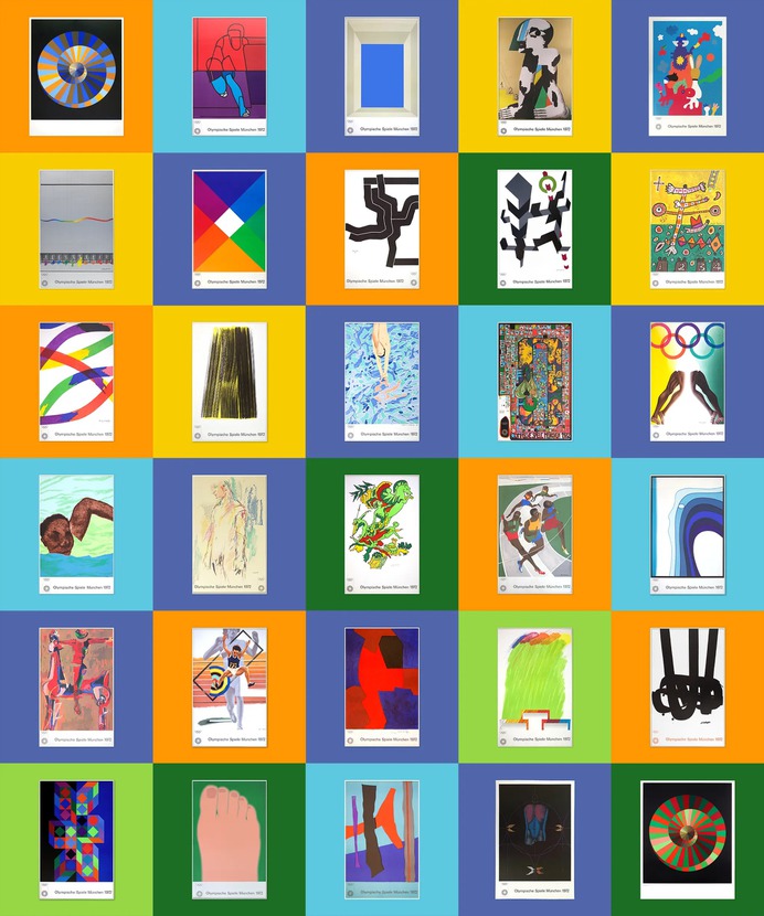 The 30 art posters created for the 1972 Munich Olympic Games. Ranging in style from Modernist, Pop and Bauhaus, to New Realism and Art Nouveau. A multitude of form and colour depicting everything from geometric shapes and the Olympic rings to athletic and mythological figures. All created by some of the World's most influential artists, including amongst others, David Hockney, Max Bill, Pierre Soulages, Josef Albers and Victor Vasarely.