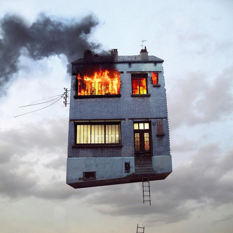 House, Burning, Fire, Floating, Burn, Smoke, Ladder