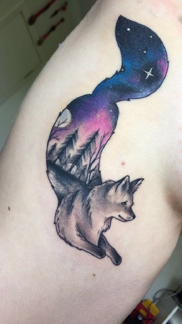 #Galaxy in the #Fox #Tattoo. This water-colored galaxy fox tattoo is really offering a mysterious meaning.