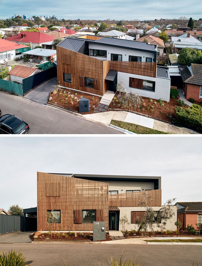 Wrap-around wooden slats – give house unique facade & privacy