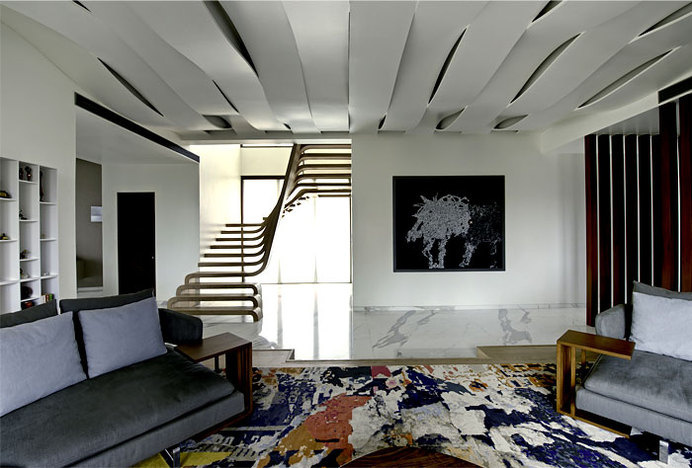 Sophisticated Indian Apartment with Woven Staircase staircase located center apartment #stairs #interior #staircase #design