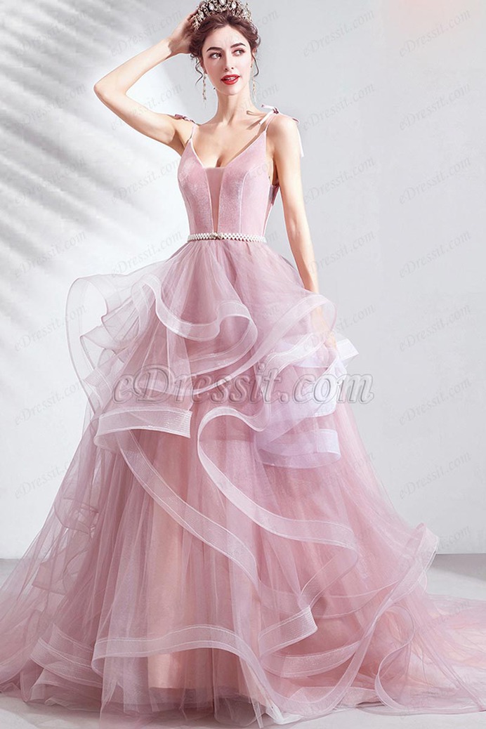 eDressit Sexy Pink V-Cut Spaghetti Tulle Evening Party dress(36223801)