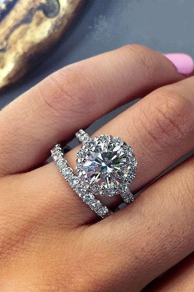 wedding ring sets round cut halo diamond pave band white gold
