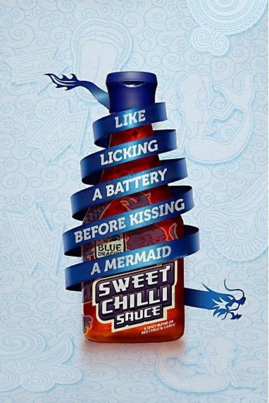 ad, advertising, layout, chili sauce, blue, dragon