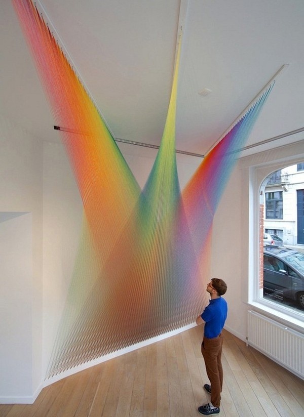 Unique like rainbow textile art in white interior installation #exhibition #textile #art #installation