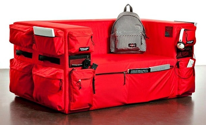The Backpack Sofa has pockets to double as a chic lounge area and storage for everything you need when relaxing in style. #sofa #modern #lifestyle #design #home #product #furniture #industrial #style