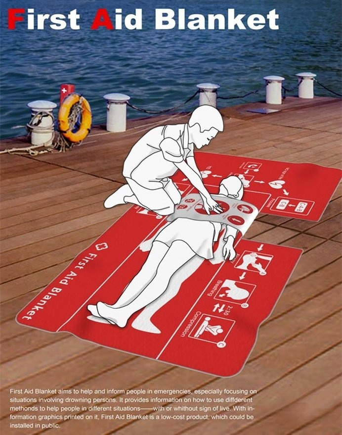 Introducing the First Aid Blanket - an instructional blanket for those who want to learn how to provide medical aid in case of drowning. #aid #first #emergency #modern #blanket #lifestyle #design #health #care #product #industrial #style