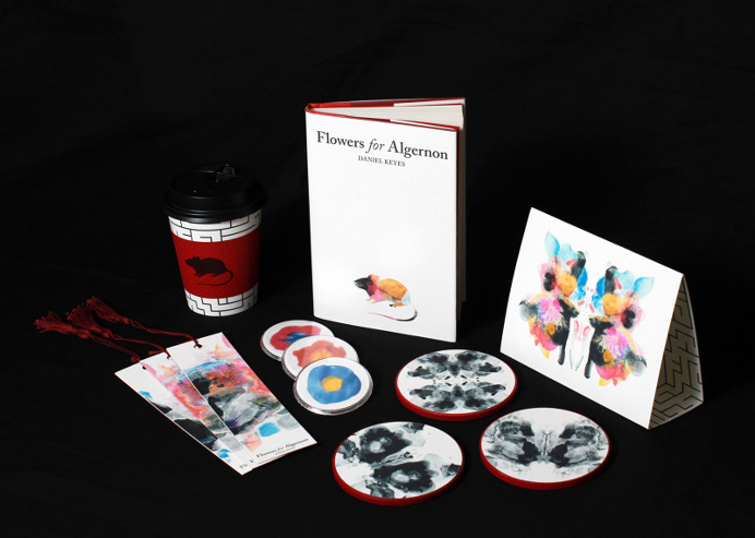 Flowers for Algernon book jacket design #bookcover #bookjacket #bookmarks #coasters #tabletent #coffeecup #print #watercolor #marketing