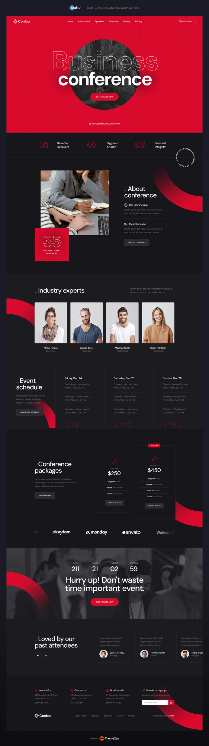 Plan your next big #event with the #Conference demo of #Crafto #WordPress #theme. It's perfect for showcasing speakers, schedules, and ticket details in a clean, professional layout. Easy to customize with #Elementor and powered by #AI for smooth setup. Ideal for business events, tech talks, and #webinars.