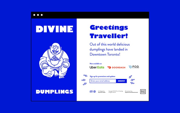 We were hired by a Toronto-based digital restaurant to create a brand identity, print and digital applications for their launch. The inspiration for the identity came from the story of the semi-historical Chinese monk, Budai, who allegedly lived in 10th century China. Image show the landing page for the restaurant, with information on how to order the dumplings
