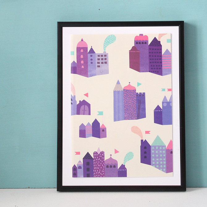 #nordic #design #graphic #illustration #danish #simple #nordicliving #living #interior #kids #room #poster #city #houses #town #purple