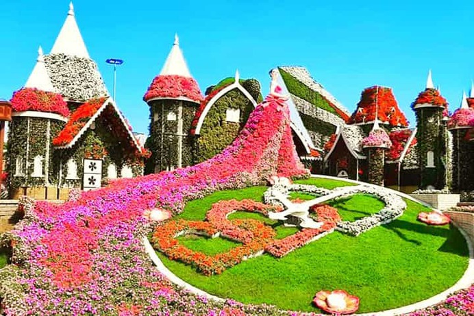 Floral Diva blooms pink-colored Petunia flowers at its long floral gown at the Dubai Miracle Garden. The clock also has three hearts each one bigger from left to right. The the hearts at their border are also integrated with white, red and pink colored petunia flowers.