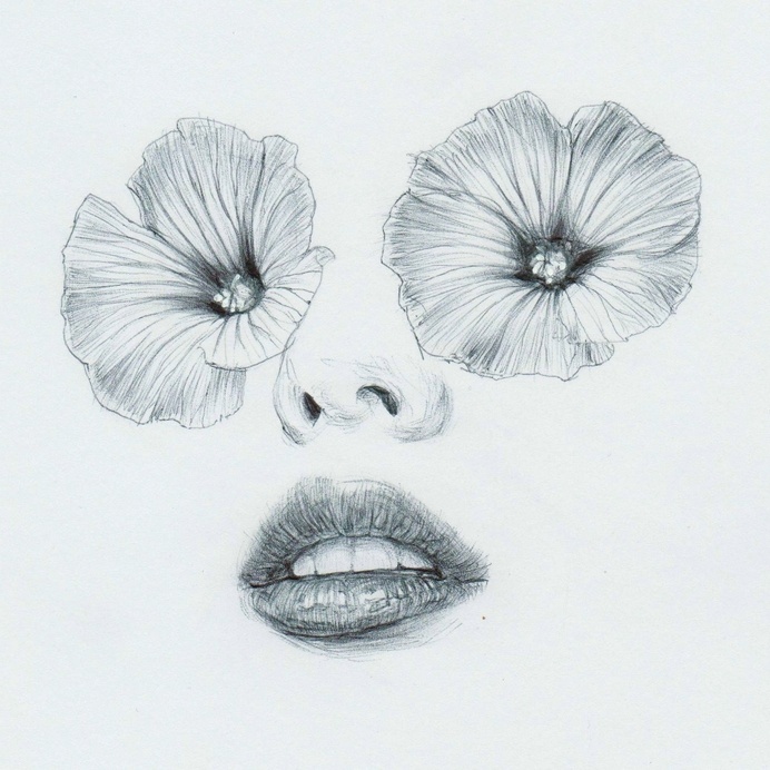 "PinkP" by Beniamino Leone #white #woman #petals #eyes #lips #black #illustration #and #face #drawing #flowers