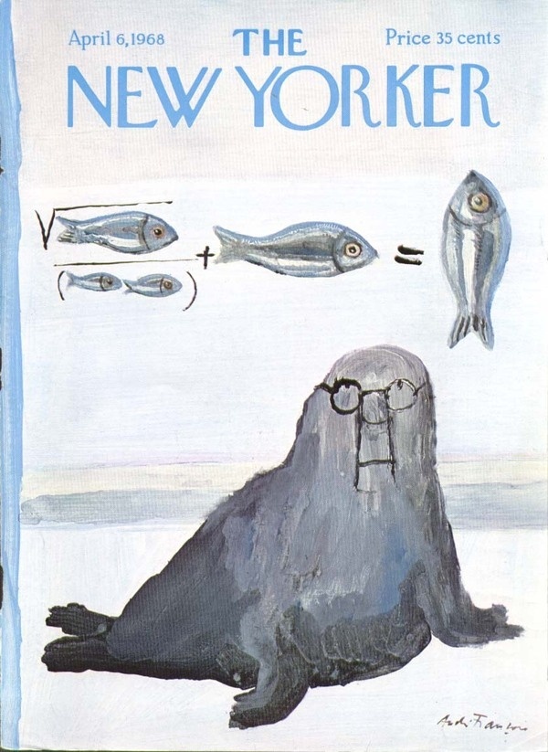 New Yorker cover Francois walrus fish calculus 4/6 1968 #glasses #fish #cover #seal #illustration #magazine