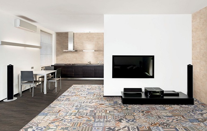 Modern living room / open space with patchwork pavements #modern #livingroom #patchwork #pavements #soggiorno #moderno #pavimenti