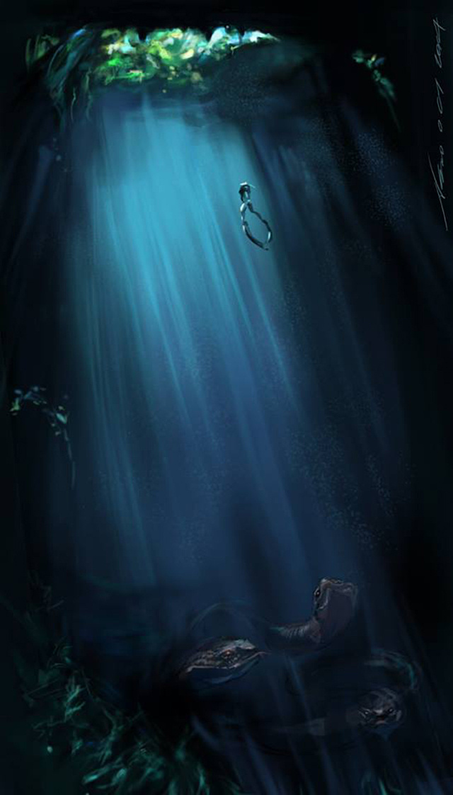 mystic cave :: The Incredible Photoshop Work of Norman Soo #submerged #exploration #dive #landscape #monsters #illustration #deep #art #rays #light #underwater