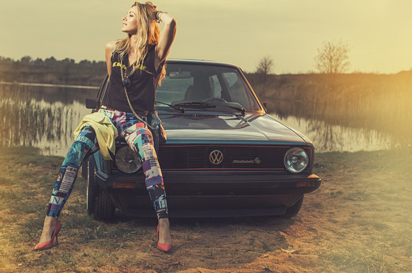 Photograph Monika #model #woman #photography #vintage #rabbit #car #volkswwagen