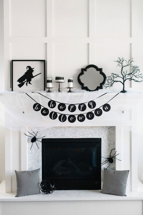 Glam Black-and-White Halloween Mantel