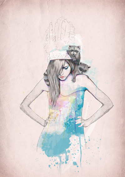 Raccoon Love on Behance, Ariana Perez #woman #splatters #illustration #fashion #watercolor #dress #racoon