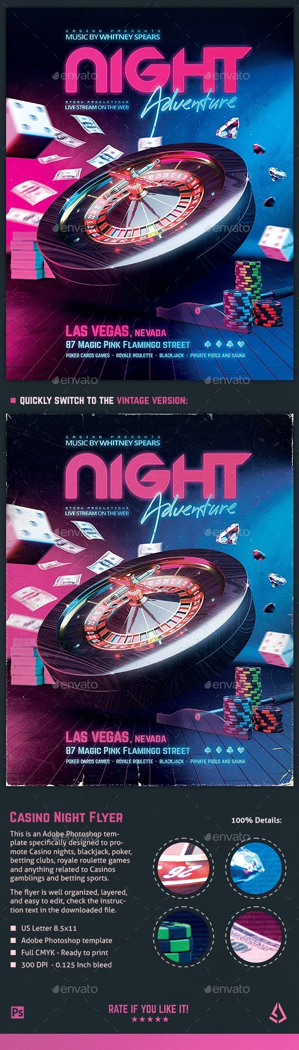 DOWNLOAD:
https://graphicriver.net/item/casino-night-flyer-roulette-royale-template/32848560

This is a Casino flyer Photoshop template designed to advertise your gambling club or Casino nights, betting sports, royale roulette, blackjack, poker and anything related to Casinos and gambling. You can also use this flyer to promote table games, slot machines, as well as dice and cards games.