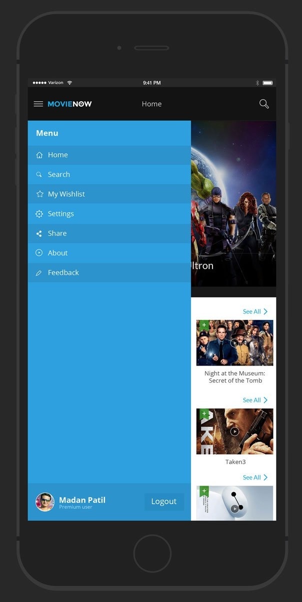 MovieNow – 7 Free Movie iPhone App Screens Design PSD