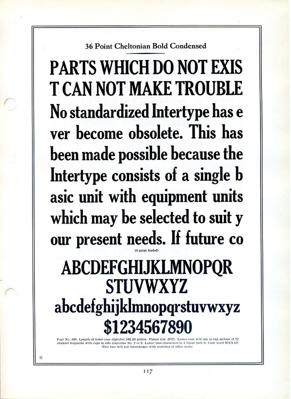 This is a specimen of Intertype's Cheltonian condensed font. Cheltonian was Intertype's knockoff of Cheltenham.