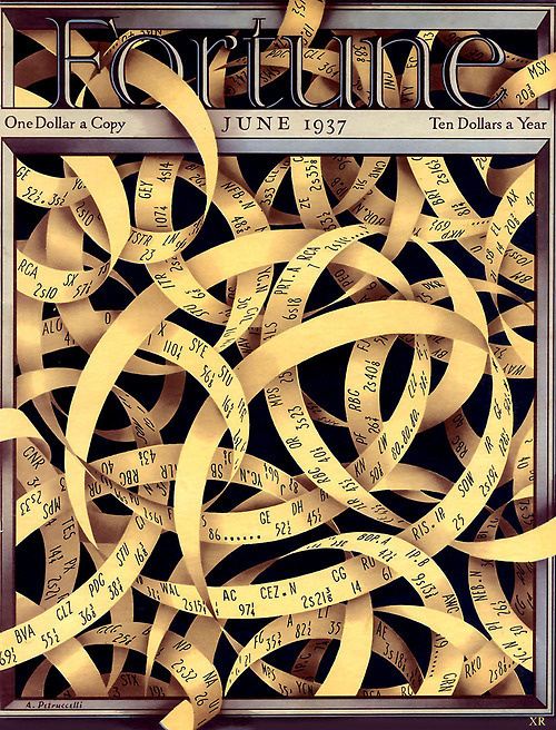 1937 - ticker-tape mess! (by x-ray delta one) artist - Antonio Petruccelli #tape #fortune #ticker #design #illustration #tangle #gold #ribbon #art #mess