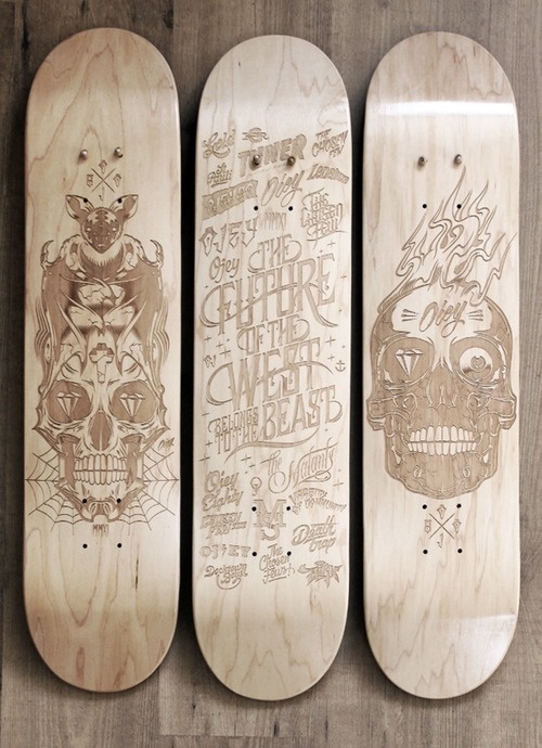 Laser Etched Skateboard Series 2013 by Malte Schweers #handcrafted #lettering #design #graphic #quality #technical #typography