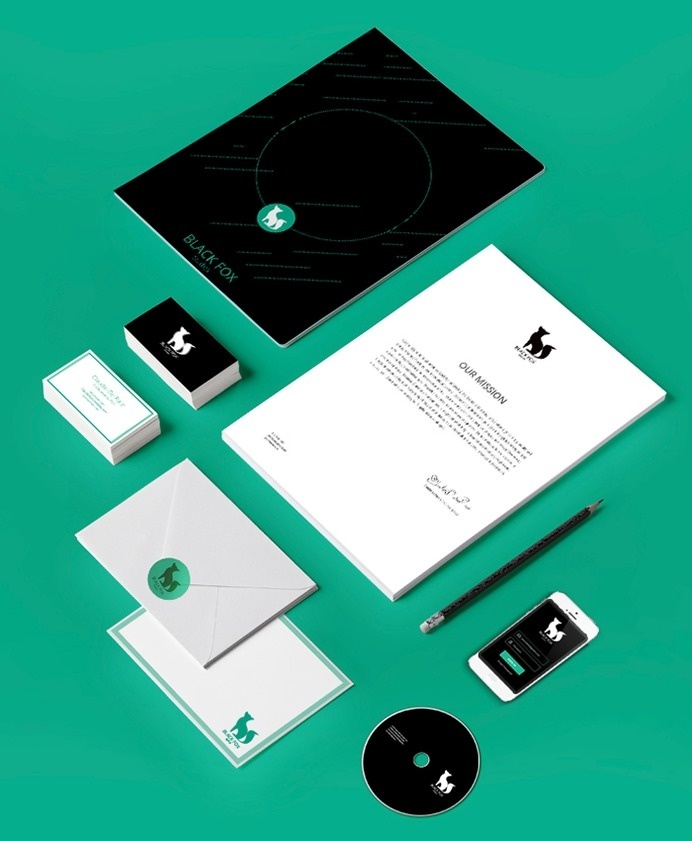 Black Fox Studios - by Sophie Riano - https://www.behance.net/sophieriano #studios #fox #branding #mockup #black #logo #cards #green