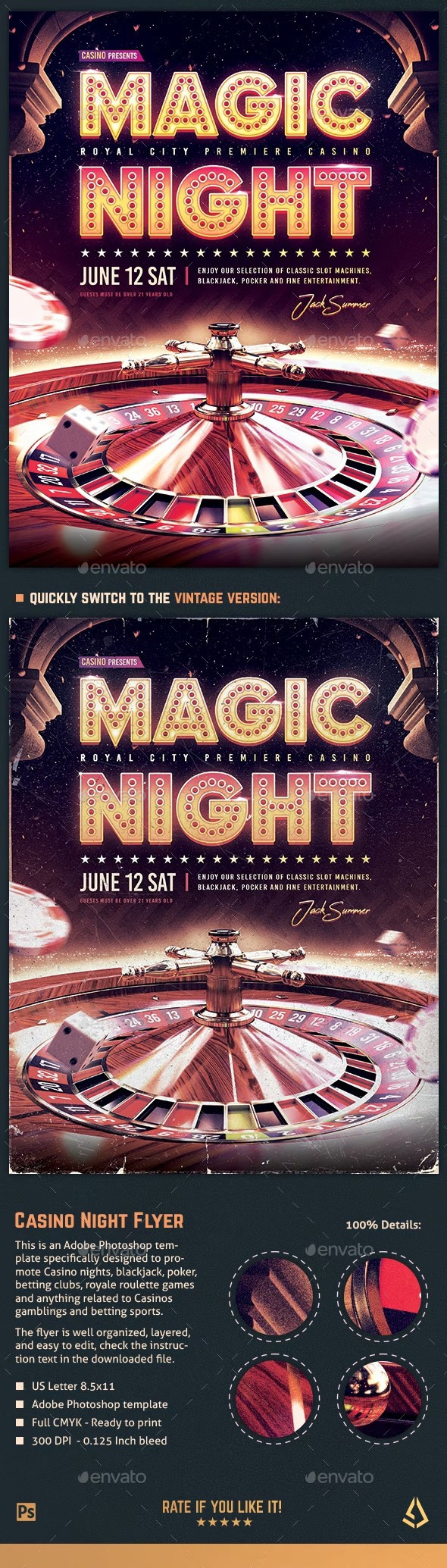 DOWNLOAD:
https://graphicriver.net/item/casino-night-flyer-roulette-royale-template/32725349

This is a Casino flyer Photoshop template designed to advertise your gambling club or Casino nights, betting sports, royale roulette, blackjack, poker and anything related to Casinos and gambling. You can also use this flyer to promote table games, slot machines, as well as dice and cards games.
