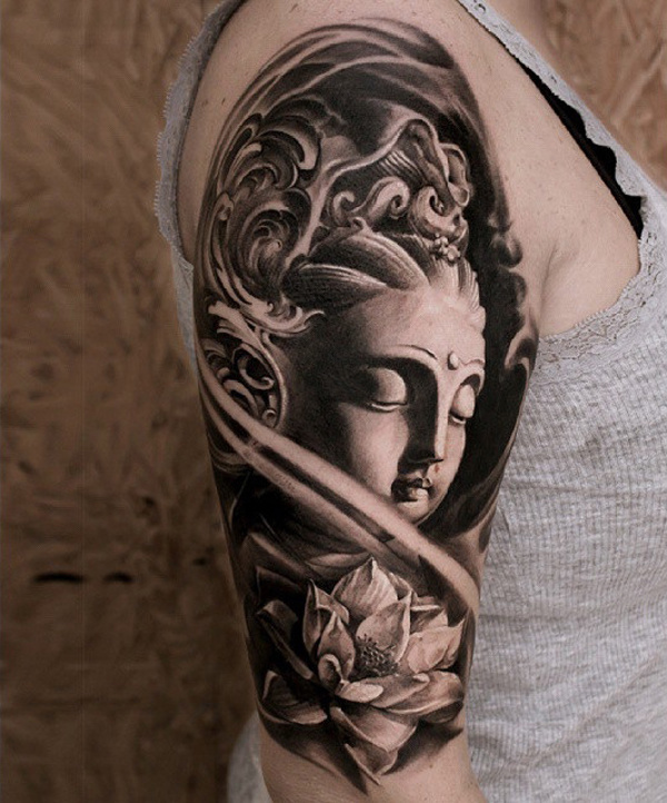 Premium Photo | Buddha statue with flowers tattoo ai generated art