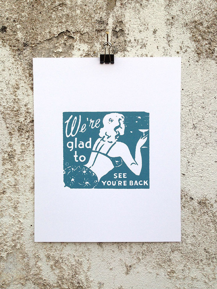 We're Glad You're Back - 8 x 10 Mini Poster #kitsch #retro #girlie #illustration #vintage #etching #matchbook #art #burlesque