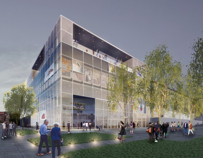 LA's Natural History Museum to Expand With Transparent "Front Porch" Additions, Natural History Museum West Wing at Night (view from southwest): From the exterior, passers-by can view the museum's new public facilities, including a flexible theater and an interdisciplinary education center for urban nature, culture, and history. A rooftop restaurant offers panoramic vistas of the Los Angeles basin that include the Downtown skyline, San Gabriel Mountains, Baldwin Hills and the Santa Monica Mountains.. Image Courtesy of Natural History Museum of Los Angeles County