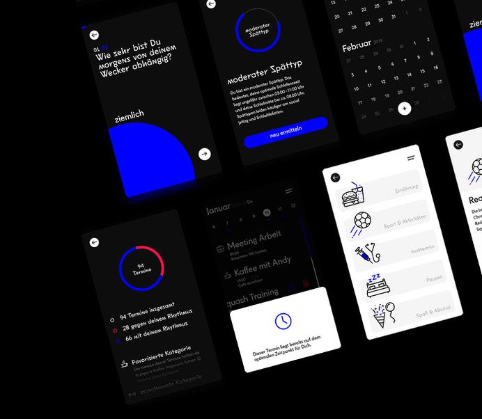 «asynchron» is my bachelor thesis i did at the FH Aachen. In the form of a book, the viewer learns something about the topic of chronotypes and his own sleep rhythm. In addition, a calendar app is used to schedule appointments according to this individual rhythm. Login, Registration, ux, ui Design, appdesign, app, graphic, graphicdesign, black, dark, sleep, formular, animation, motion, gif