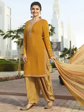 Bollywood Diva Prachi Desai Yellow Crepe Embroidered Straight Cut Suit Online at Best Price.