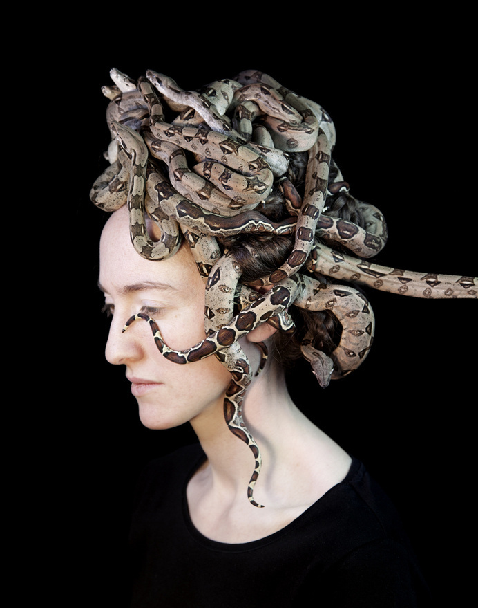 Juul Kraijer - Untitled 2014 #snakes #slither #woman #medusa #head #serpent #hair #photography #reptile #portrait #animal