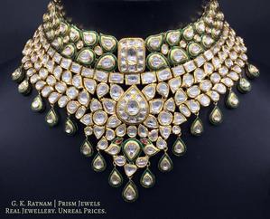 Traditional Gold and Diamond Polki Choker Necklace Set enhanced with a touch of green meenakari - gold diamond polki kundan meena jadau jewellery