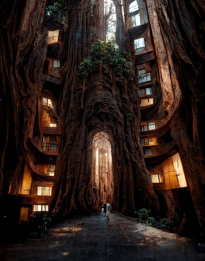 Conceptual renderings of Symbiotic Architecture. Created by architect and computational designer Manas Bhatia. Created using the artificial intelligence tool Midjourney.