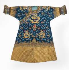 Blue basis silk gown with opulent Golden dragon embroidery