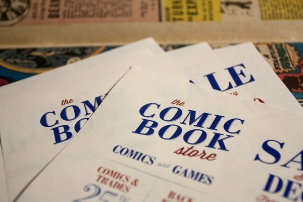 The Comic Book Store partial flyer design #old #red #tan #serif #flyer #yellow #retro #identity #vintage #logo #layout #blue