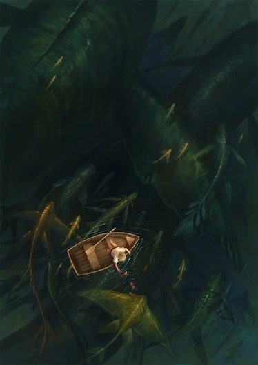 fishing by *sandara #water #monsters #digital #illustration #sea #boat #art #fishing